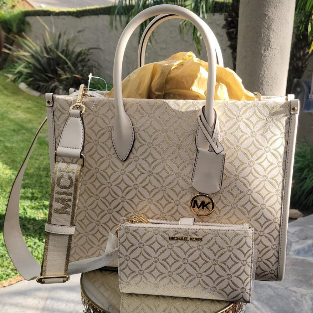 Michael Kors Mirella Med Tote Bag & Jet Set Travel Lrg Double-Zip Wristlet "NWT"